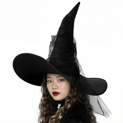 Black Pleated Mesh Witch Hat for Halloween and Cosplay Costume - 7