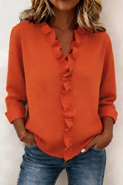 Women's Ruffled Edge Long Sleeve Cotton Shirt, Spring Style - 13