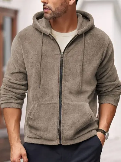 Solid color hooded zip coral fleece jacket for autumn and winter