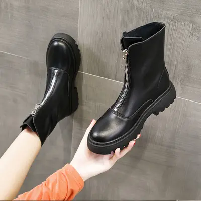 Women's Genuine Leather Mid-Calf Boots, Thick Sole, Front Zipper
