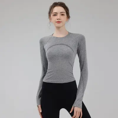 Damen-Sportshirt Yoga langärmlig schnelltrocknend Rundhals