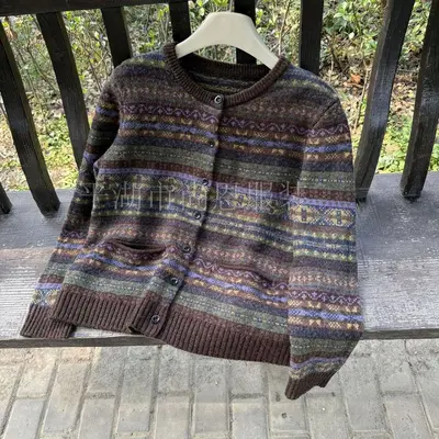 Damen-Strickjacke Fair Isle, 100 % Wolle, Rundhals, Winter
