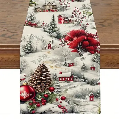 Christmas Table Runner with Winter Snowman and Santa Claus Print - 11