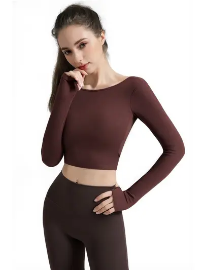 Women's Pilates Training Top, Long Sleeve with Chest Pad and Open Back - 5