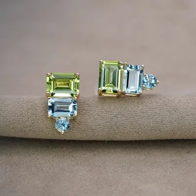 1.7 carat peridot stud earrings, 925 silver 18K gold - 2