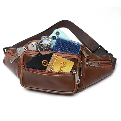 Men's Waist Bag, PU Leather Chest Bag, Multifunctional Outdoor Running Phone Bag