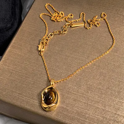 Altın kaplı kaplan gözü taşı kolye, vintage stil - 4