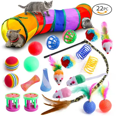 新品 宠物猫玩具 铃铛羽毛逗猫棒毛球老鼠弹簧猫隧道 22件套 - 9