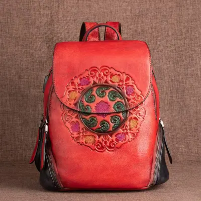 Cowhide Backpack, Embossed, Retro Chinese Style - 3
