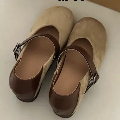 Sheepskin Version ~ Petite Women's 7CM Hidden Heel Mary Jane Shoes 2025 New Style French Single Strap Chunky Heel Single Shoes for Women