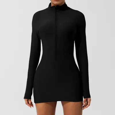 Ribbed Half-Zip Long-Sleeve Sports Jumpsuit Dress for Women - 9