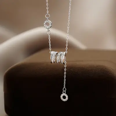 S999 sterling silver necklace, zircon inlaid, modern design - 2