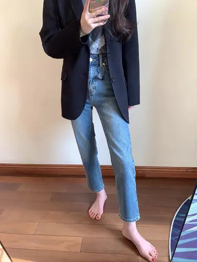 Vintage-blaue Straight-Leg-Jeans für Damen, Frühjahr 2026 Neuheit, Baggy-Hose im Zigarettenschnitt für kleine Damen