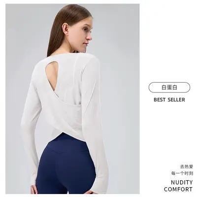 Women's Bamboo Yoga Top, Long Sleeve, Open Back, Breathable - 12