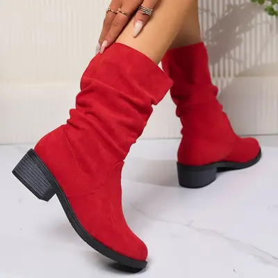 Suede Chunky Heel Women's Mid-Calf Boots Plus Size