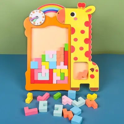 Pädagogisches Holzspielzeug, kreative Giraffenblöcke und Tetris-Bausteine