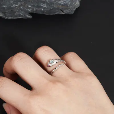 S925 Sterling Silver Snake Ring, Open Design, Jade Detail