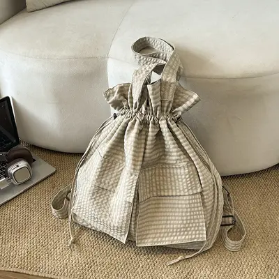 Large Capacity Lightweight Travel Backpack Plaid Drawstring Tote Bag - 11