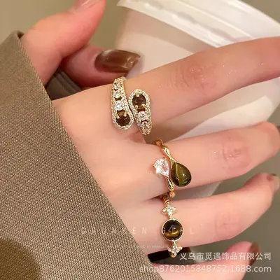 Tiger eye star water drop open ring - 3
