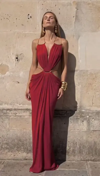 Metal Halter Neck Deep V Beach Dress with Side Cut-Outs and Pleats, Long - 9