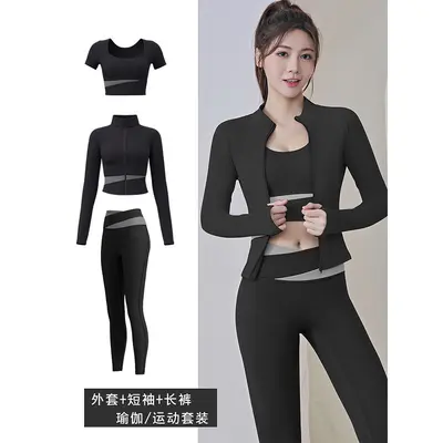 专业普拉提训练瑜伽健身服套装女速干运动服跑步撞色长袖外套上衣 - 10