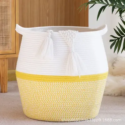 Woven Cotton Rope Storage Basket with Handle, Laundry Hamper
