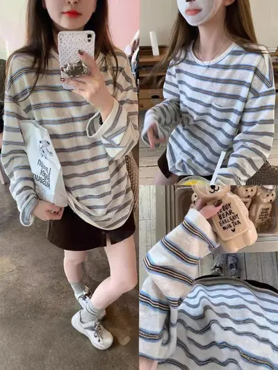 Korean Style Striped Long Sleeve Women's T-Shirt Loose Fit