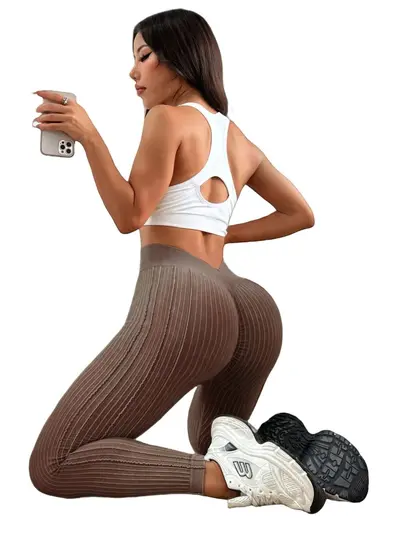 Kadın Fitil Yüksek Bel Kaldırıcı Spor Yoga Pantolonu, V Bel Şeftali Kalça - 9