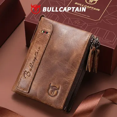 Men's Retro Genuine Leather Zipper Wallet, Vertical, Top-Grain Cowhide - 10