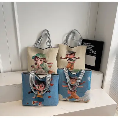 Large Printed Canvas Tote Bag with Single Shoulder Strap for School and Daily Use - 1