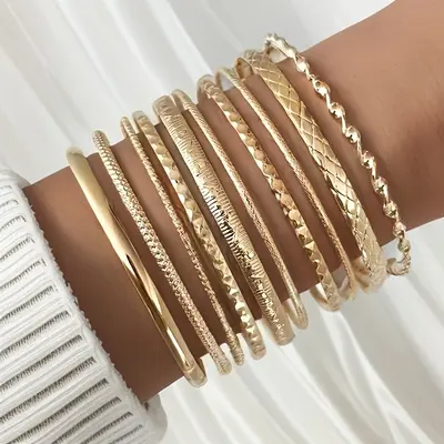 Embossed Geometric Multi-Layer Bracelet Set, 10 Pieces - 7