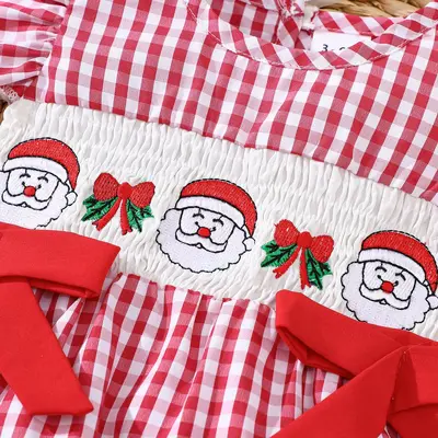 Newborn Christmas Romper with Plaid Pattern and Embroidered Bow - 4