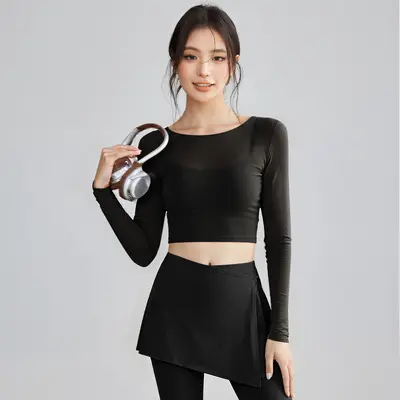 Women's Mesh Fake Two-Piece Yoga Set with Chest Pads, Long Sleeve - 7