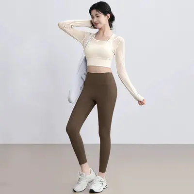 瑜伽服健身套装女网纱拼接长袖上衣高腰紧身长裤跑步运动套装春秋 - 13