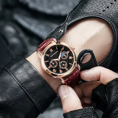 Men's three-dial quartz watch, steel band, business style