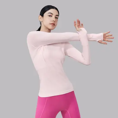 Damen-Yogashirt, nahtlos, Langarm, Rundhals, hohe Elastizität - 9