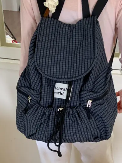 Korean-Style Lightweight Nylon Plaid Backpack, Large Capacity, Drawstring Tote - 5