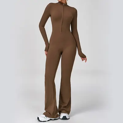 Zipper Long-Sleeve Yoga Jumpsuit, High-Intensity Fitness One-Piece Fitted Bodysuit - 8