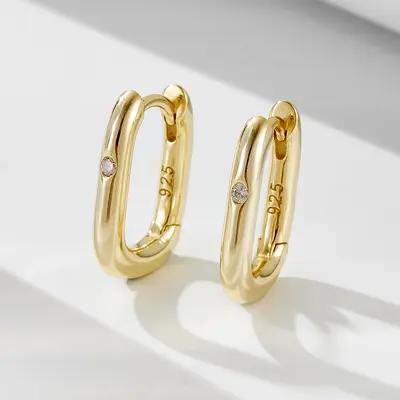 Silberne Ohrringe, ovale U-Form, mit Diamanten, minimalistisch - 2