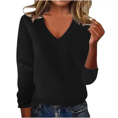Damen-Pullover, einfarbig, V-Ausschnitt, lockere Passform, Herbst/Winter - 7