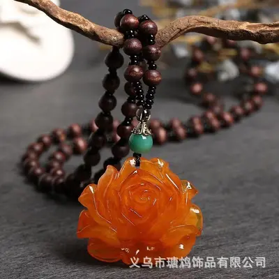 新款复古民族风老蜜蜡吊坠鸡翅木长项链女无事牌毛衣链棉麻配饰 - 9