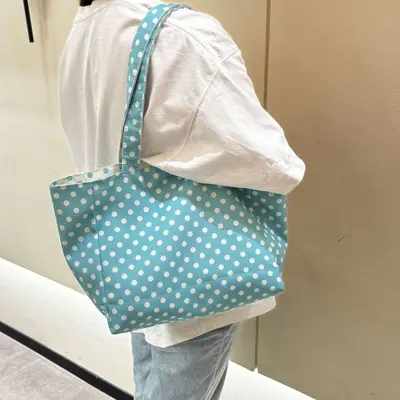 Polka Dot Single-Shoulder Canvas Bag, Double-Sided, Large Capacity