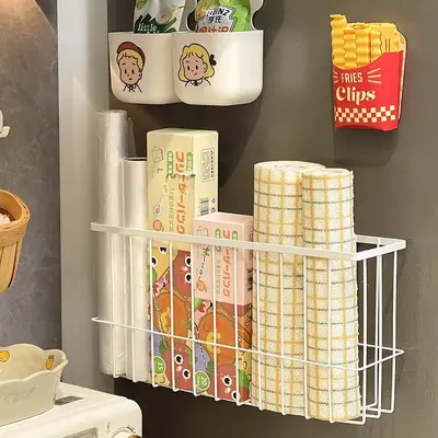 Refrigerator Magnetic Storage Rack Side Organizer No-Drill Wall-Mounted Plastic Wrap Bag Tissue Paper Spice Storage