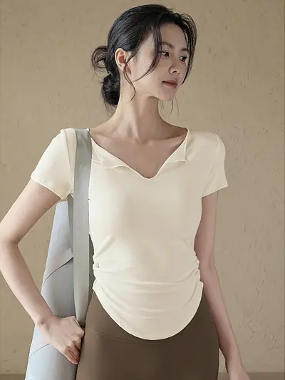 简约纯色 V 领瑜伽上衣紧身健身服无痕高腰瑜伽裤健身运动套装女 - 3