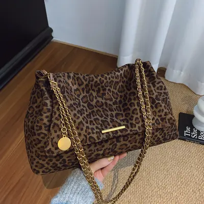Leopard Print Suede Crossbody Bag with Chain Strap, Large Capacity - 7