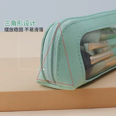 Factory Source PU Makeup Brush Bag with Zipper Pencil Case, PVC Transparent Window, Simple Stationery Makeup Brush Storage Bag