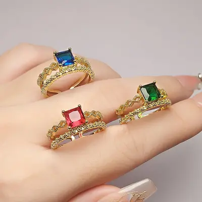 Retro Chinese Style Women's Ring, Square Sapphire, 24K Gold Plated, Red Diamond