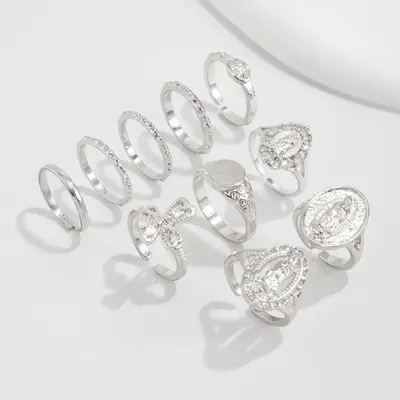 Rhinestone Crown Figure Ring Set, Retro Cross Knuckle Ring
