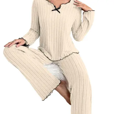 2025 New Style European and American Cross-Border Amazon Bestseller Black Edge Twisted Edge Casual Home Clothing Set Ribbed Pajamas