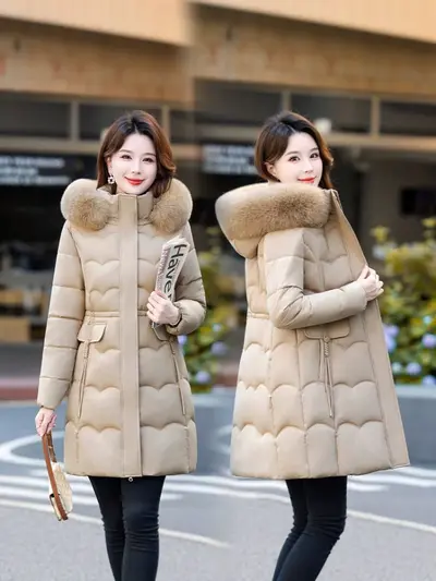Damen-Winterjacke mit großem Pelzkragen, mittellang, Wintermodell 2026, modisch und schick, Daunen-Watteparka, warme Außenjacke, auf Lager